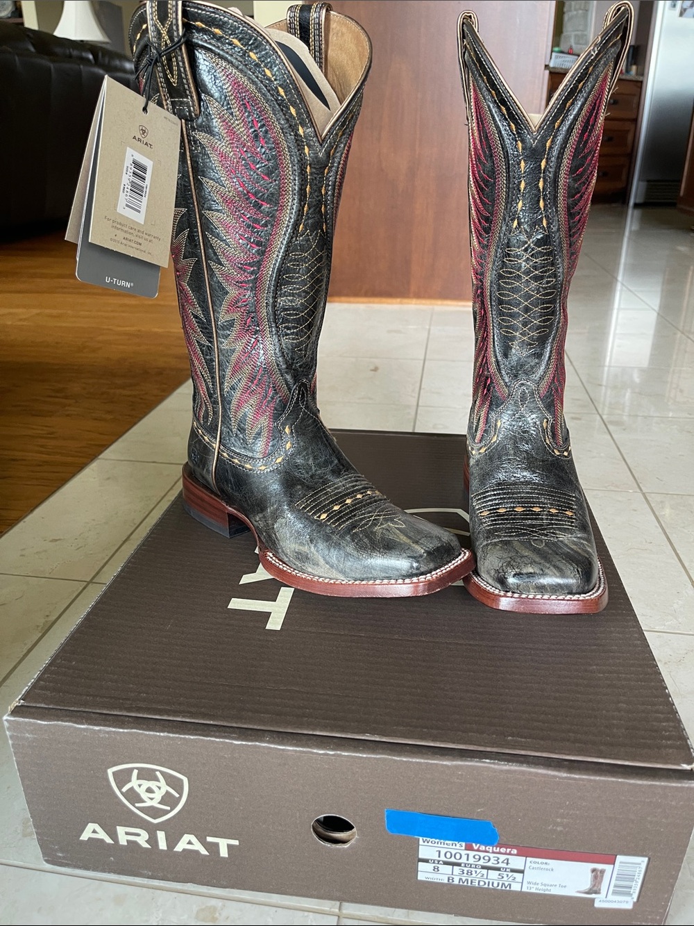 Ariat Black Leather Cowboy Boots with Red Stitching and Tan Accents - Picture 1 of 3